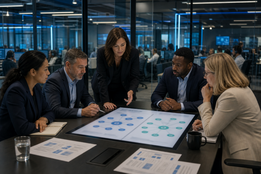 Enterprise operations team reviewing omnichannel vs multichannel customer service: what businesses should know in an Inktel customer experience environment