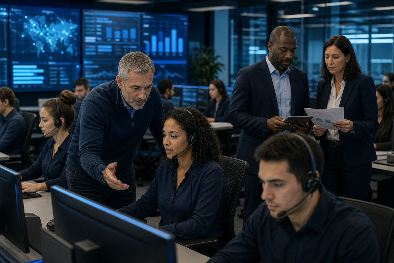 Enterprise operations team reviewing what is call center outsourcing in an Inktel customer experience environment