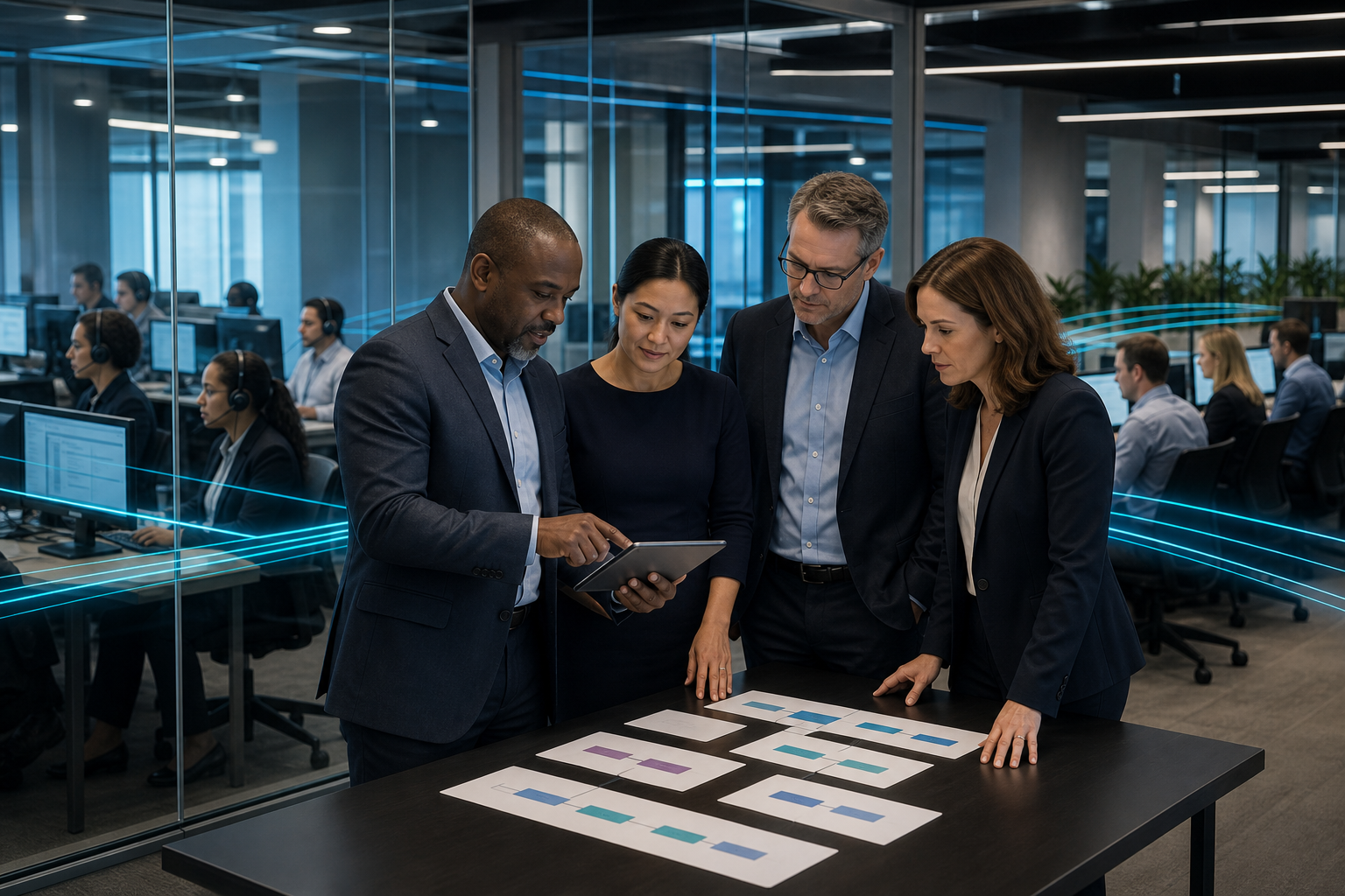 Enterprise operations team reviewing bpo vs call center: how they work together in an Inktel customer experience environment